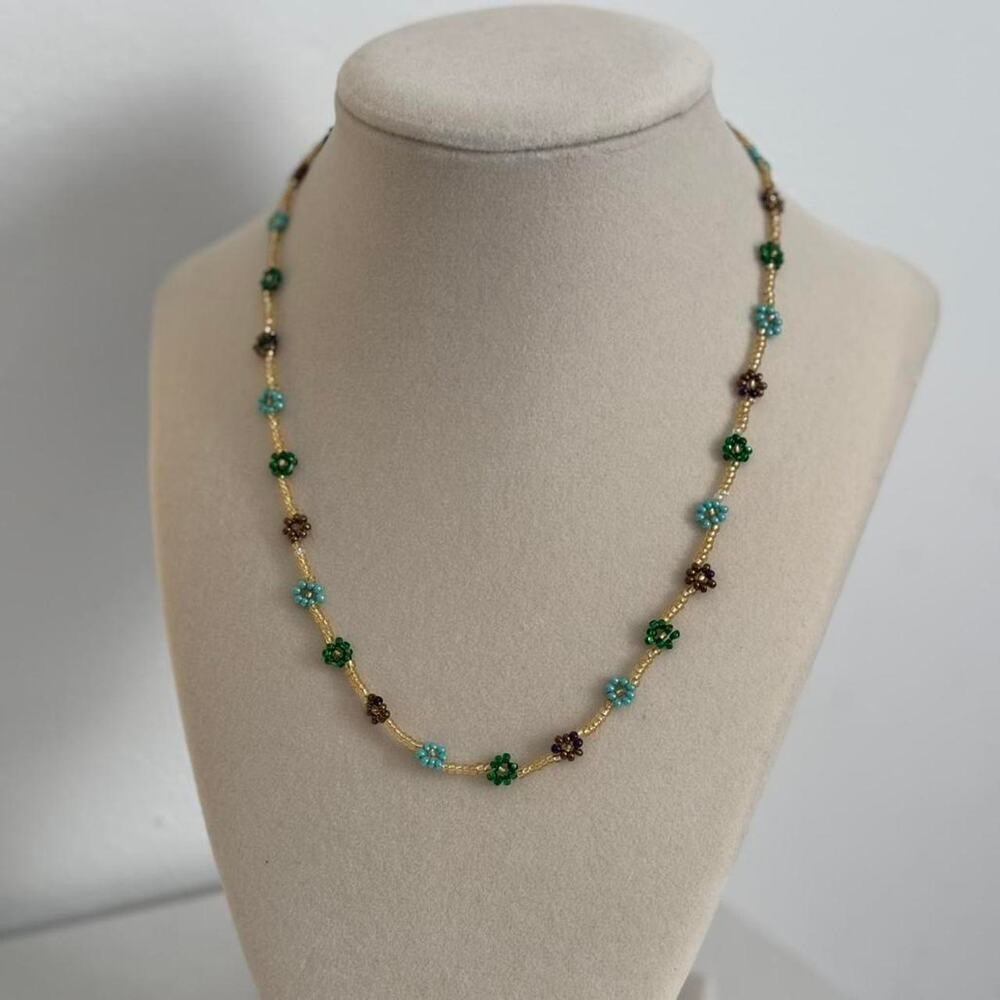 Gold Green Floral Beaded Necklace Handmade Elegant Jewelry Unique Gift - Picture 1 of 4